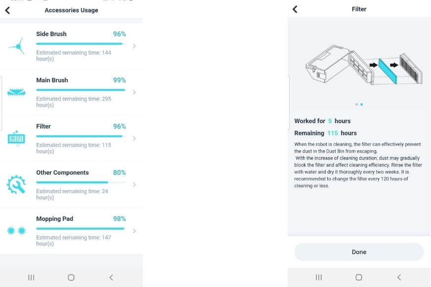 Wartungstipps für die einzelnen Ersatzteile werden in der Yeedi App dargestellt